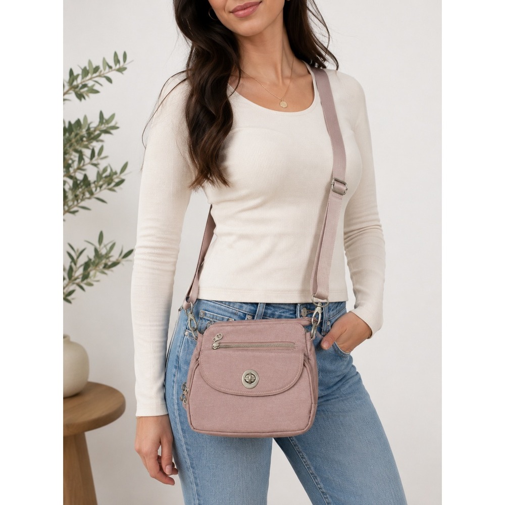 Baggallini Pink Crossbody Hobo Bag Lightweight Travel Organizer Nylon Pockets